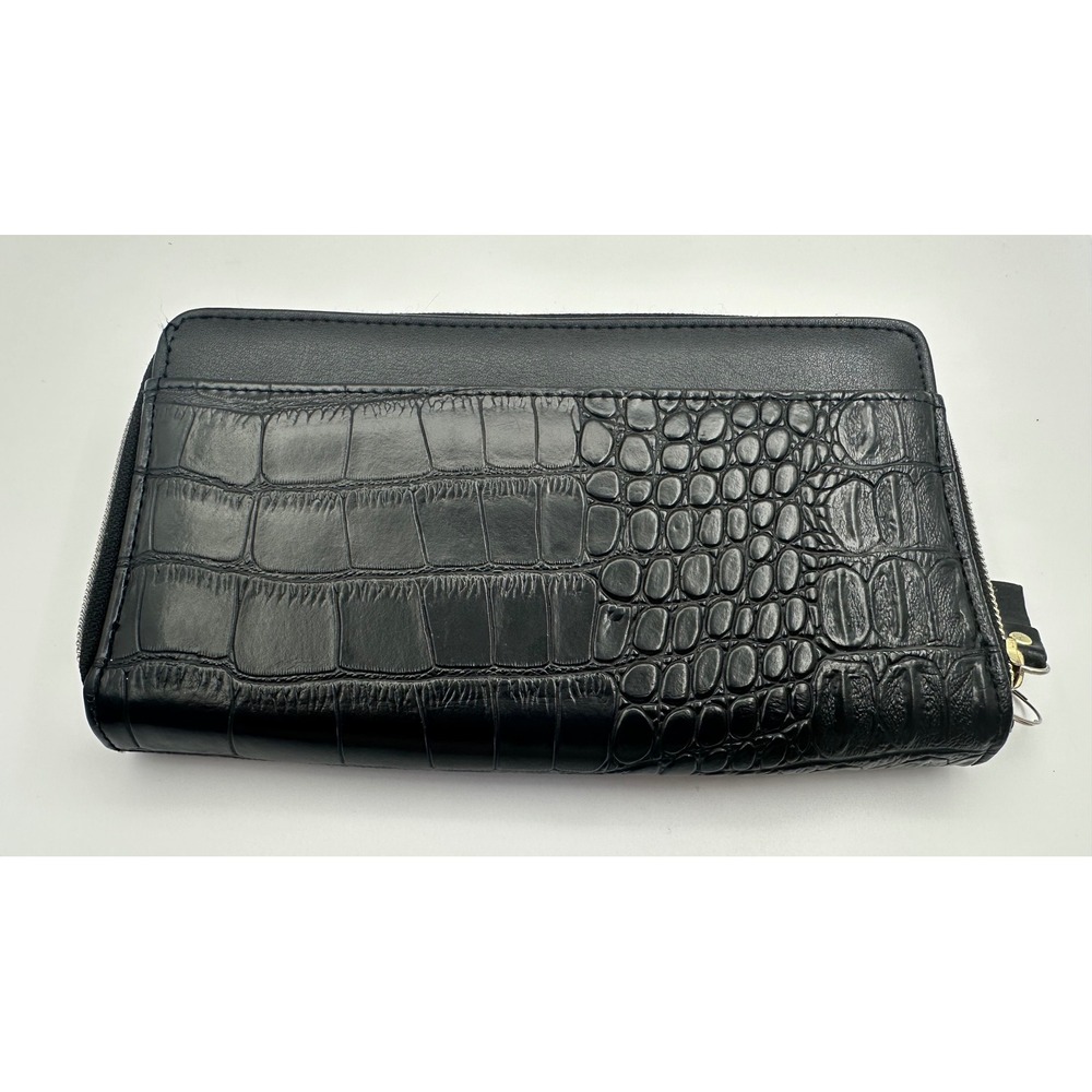Black Crocodile Embossed Double Zip Around Wallet Gold Hardware Clutch